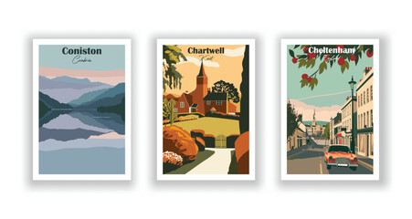 Chartwell, Kent. Cheltenham, England. Coniston, Cumbria - Set of 3 Vintage Travel Posters. Vector illustration. High Quality Prints