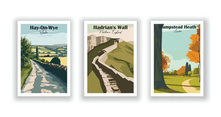 Hadrian's Wall, Northern England. Hampstead Heath, London. Hay-On-Wye, Wales - Set of 3 Vintage Travel Posters. Vector illustration. High Quality Prints - obrazy, fototapety, plakaty