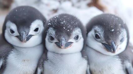 Close-up of three baby penguins in winter.