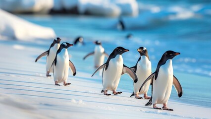 Obraz premium A group of penguins walking on the snow-covered beach.