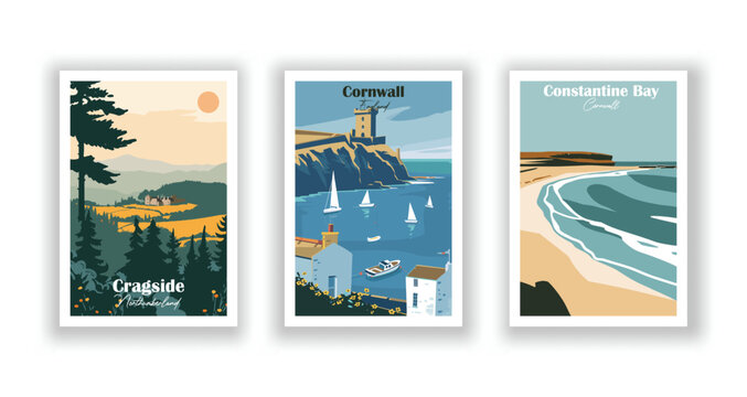 Constantine Bay, Cornwall. Cornwall, England. Cragside, Northumberland - Set of 3 Vintage Travel Posters. Vector illustration. High Quality Prints