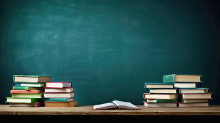 Stack of books on wooden table and blackboard background. Back to school concept