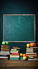 Stack of books and apple on blackboard background. Back to school concept .