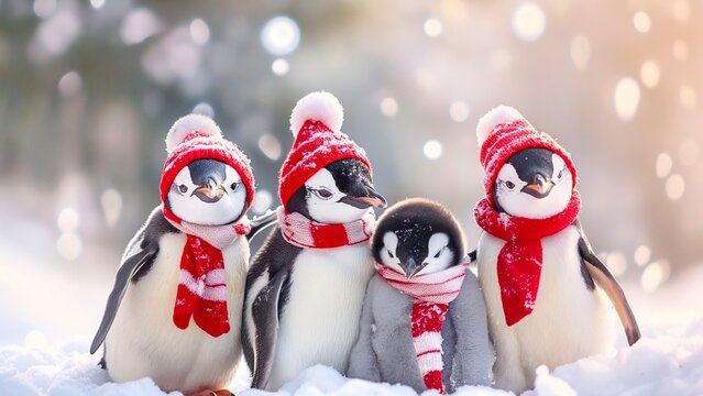 A group of cute penguins wearing red knitted scarves and hats in the winter season.