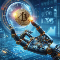 Metal robot hand holding Bitcoin coin, complex AI data and future world record About artificial intelligence and the future world It gives a feeling of technological progress and innovation.