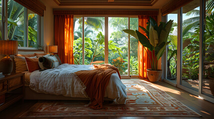 A bedroom with a large bed, wooden furniture, and lots of plants. - obrazy, fototapety, plakaty