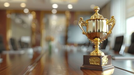 Golden trophy cup on a wooden table with business people in the background. AI generated illustration