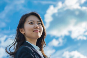 青空背景の笑顔の日本人の女性ビジネスマンのポートレート写真（スーツ・若手・新人・新入社員） - obrazy, fototapety, plakaty