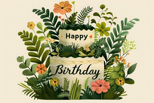 Botanical birthday cake illustration surrounded by lush greenery and flowers