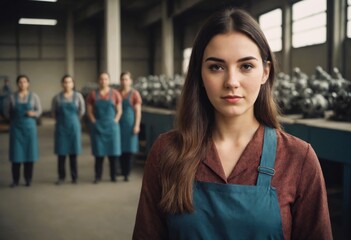 Young beautiful female textile worker standing together in solidarity at a factory