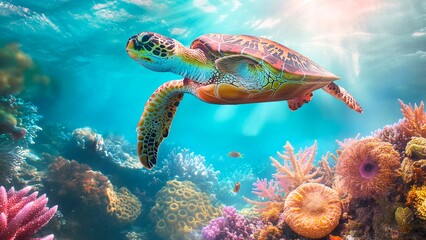 A turtle swimming around colorful coral reef formations under the blue sea.