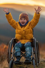 Child in wheelchair enjoying beautiful sunset surrounded by peaceful mountain scenery