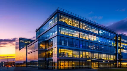 Foto op Aluminium Office building glowing in twilight hues - An office building bathed in the warm glow of sunset, giving off a sense of closure after a productive day © Mickey