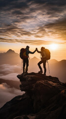 Silhouette of a couple with backpacks standing on top of a mountain and holding hands