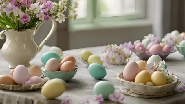 A beautiful display of Easter eggs in pastel colors