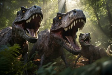 Friendly dinosaurs playing in prehistoric forest. - obrazy, fototapety, plakaty