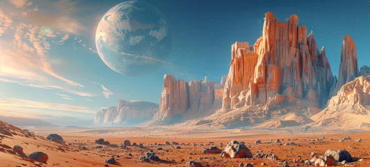 Poster Breathtaking alien landscape with towering rocky formations, vast desert floor, and a large planet visible in the sky. © Valeriy