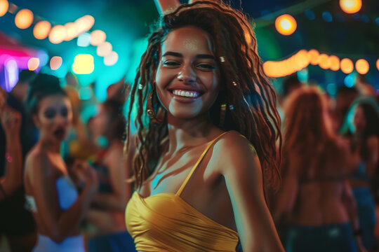 Afro american beauty lady with dreadlocks dancing in a party.