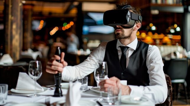 waiter with virtual reality glasses taking the order in a restaurant