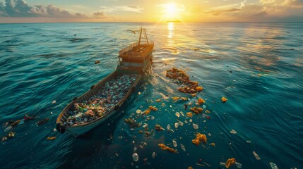 Sunrise illuminates a scene of a fishing boat surrounded by widespread plastic pollution in the ocean, signaling an environmental crisis. - obrazy, fototapety, plakaty