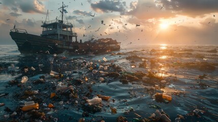 The sunrise reveals a distressing sight: a fishing boat engulfed by oceanic plastic pollution, underscoring an environmental crisis. - obrazy, fototapety, plakaty