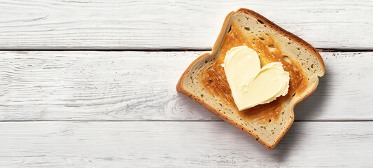 fetta di pane tostato con noce di burro a forma di cuore, superficie tavolo in legno bianco - obrazy, fototapety, plakaty