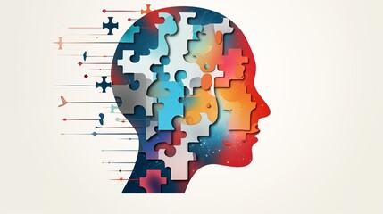 Vector line design; human head profile and jigsaw puzzle; notion of cognitive psychology or psychotherapy; mental health; brain trouble; personality disorder Illustrations .