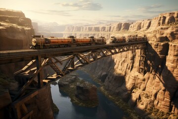 Cargo train crossing bridge over deep canyon with river.