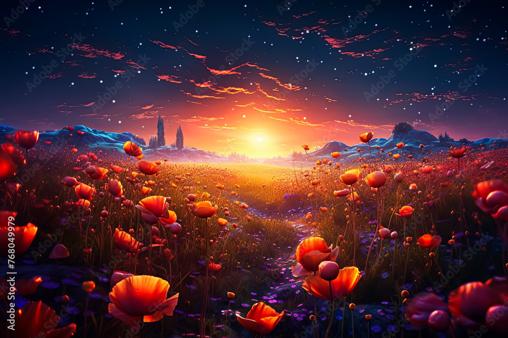 Poster a field of flowers with a single red flower in the middle.