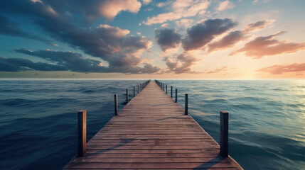 Wooden pier in the sea at sunset. Beautiful seascape .
