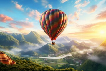 Hot air balloon flying over a misty valley
