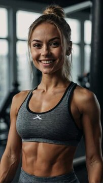 beautiful fit woman in the gym smiling while looking at the camera