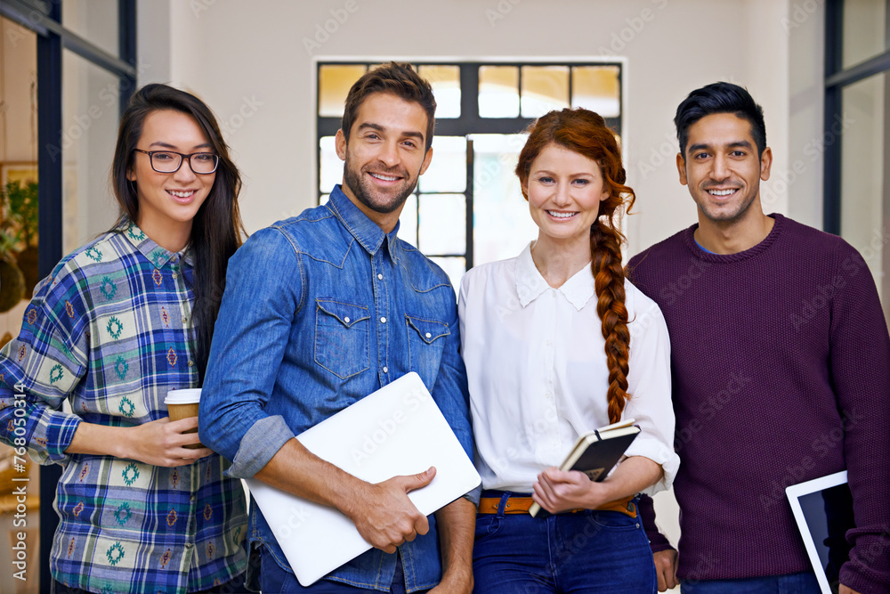 Poster happy, team and portrait in office for creative career in web development with laptop or technology 