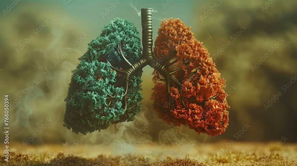 Wall mural A pair of lungs illustrated as a tree, with one side lush and the other withered, depicting the effects of air pollution