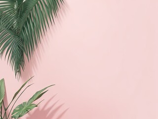 Fototapeta na wymiar Palm leaves cast a hazy shade on the pale pink wall. abstract background with a minimum for showcasing products. summer and spring.