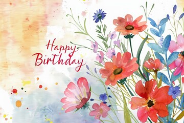 Watercolor birthday card with flowers and calligraphy