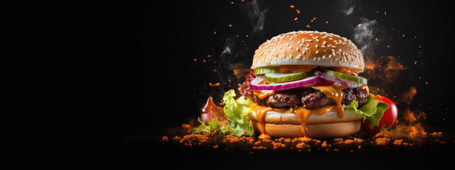 Hamburger with flying ingredients on a black background with copy space