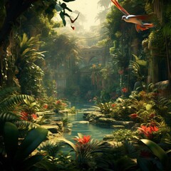Jungle with exotic plants and animals - obrazy, fototapety, plakaty