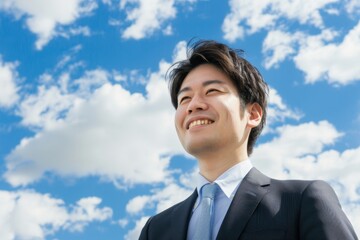 青空背景の笑顔の日本人の男性ビジネスマンのポートレート（スーツ・若手・新人・新入社員） - obrazy, fototapety, plakaty