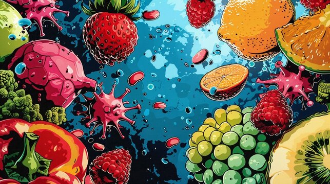 A pop art inspired image of colorful fruits and vegetables raining down to supply an army of immune cells
