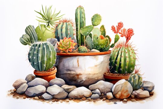 a group of cactus in pots