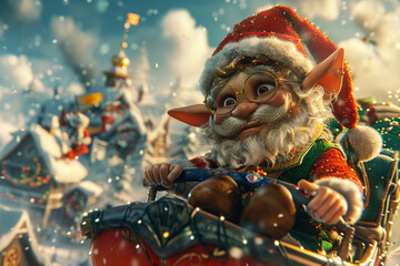 A mischievous elf steals Santaâ€™s sleigh and goes on a joyride around the world. - obrazy, fototapety, plakaty