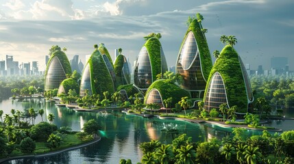 A green city powered by leaf-shaped solar panels, integrating nature with urban development