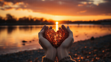 A girl holds a heart in her hands against the background of the setting sun .