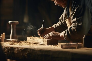 Carpenter shaping a piece of wood with a chisel.
