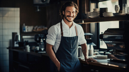 Portrait of a smiling male barista standing in a coffee shop