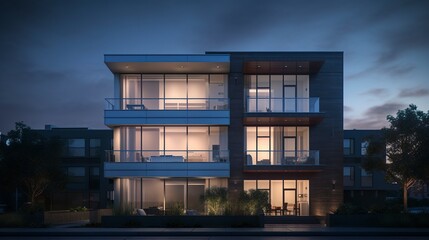 A photo of a Simple Condo Exterior at Dusk