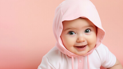 Portrait of a cute baby girl in a pink hood on a pink background