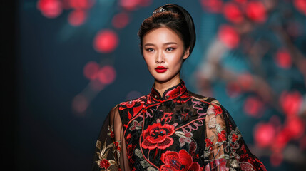 Fototapeta premium Asian fashion model at a fashion show.