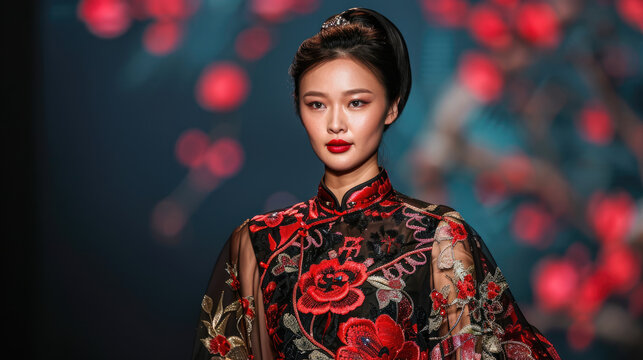 Asian fashion model at a fashion show.